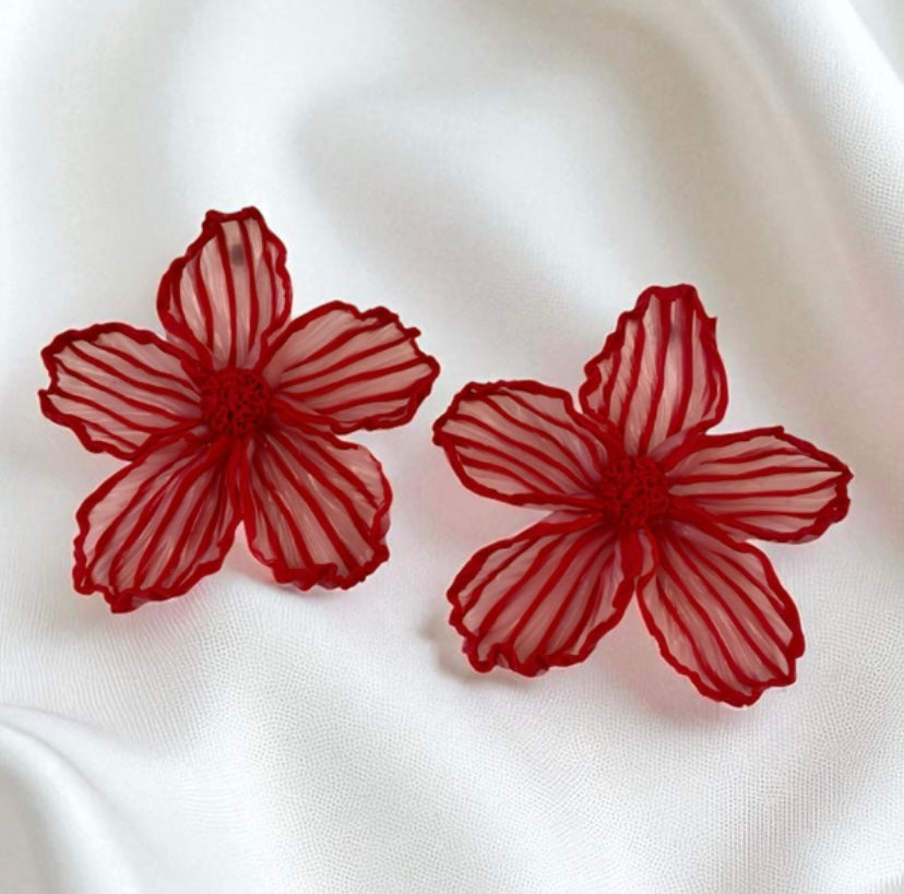 Small Apple Red & Soft Blush Striped Translucent Bloom Stud (Ready to ship)
